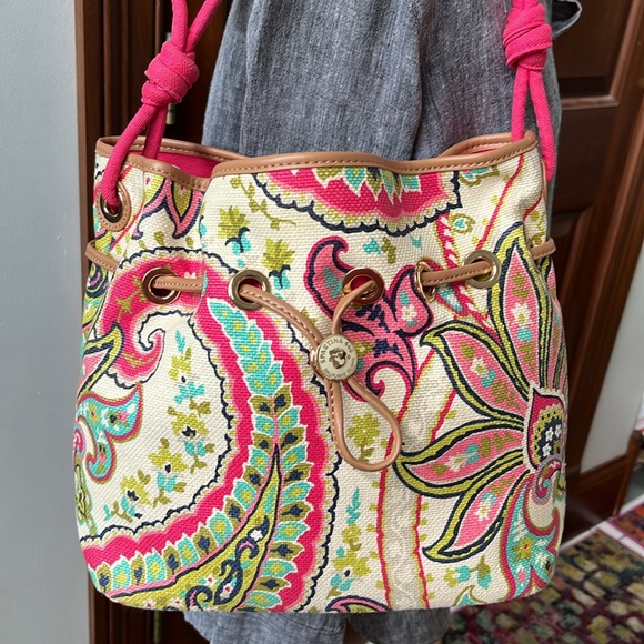 Spartina  Linen natural  shoulder bag   heavy duty  leather trim  hot pink/cream - Picture 1 of 17